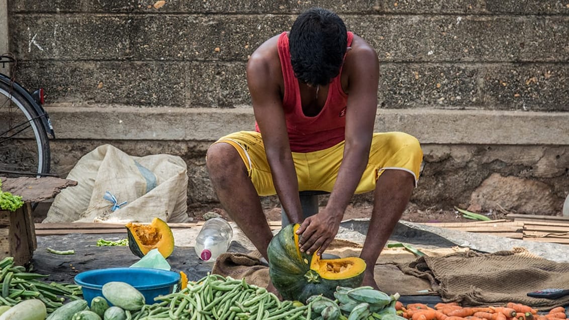 Frugt- og grøntsagssælger på marked i Negombo, Sri Lanka